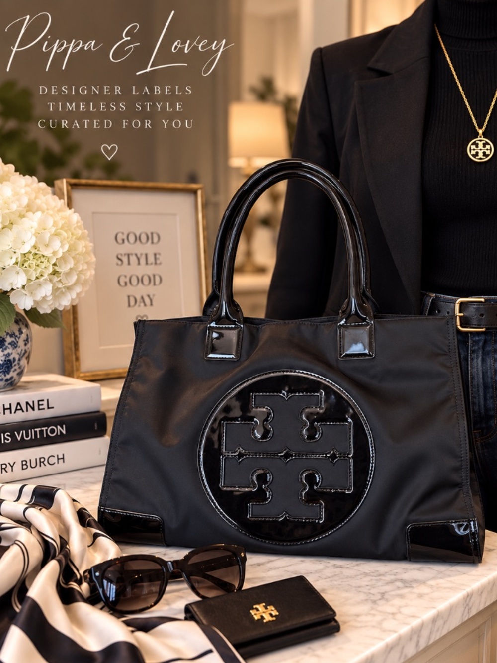 Tory Burch Black Nylon Tote • Patent-Style Trim • Double-T Logo